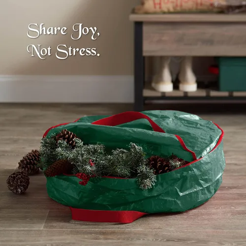 Vista 2 de ZOBER - Contenedor de almacenamiento para coronas de Navidad de 30 pulgadas - Bolsa para coronas de Navidad con doble cierre y asas duraderas - Verde