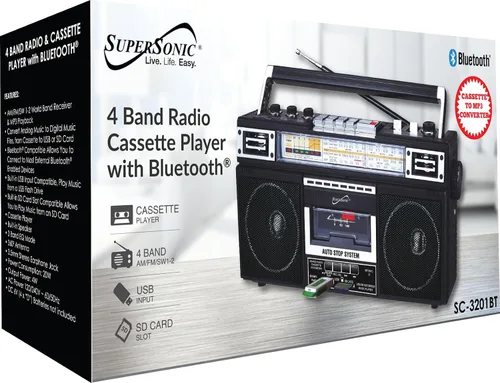 Vista 4 de Supersonic SC-3201BT - Boombox de radio de 4 bandas y reproductor de cassette, altavoz Bluetooth, radio AM/FM/SW con reproducción de MP3, tarjeta