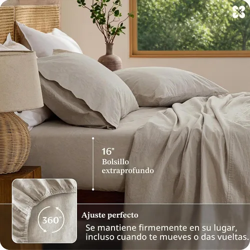 Vista 8 de Bedsure Sábanas de lino, cama tamaño Queen, mezcla de sábanas de lino y algodón, sábanas de algodón transpirable, regalos para todas las estaciones