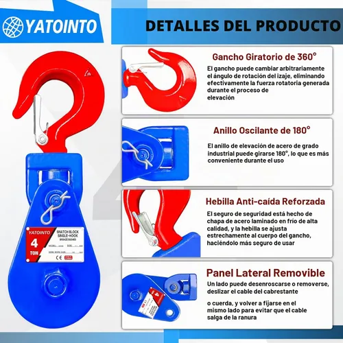 Vista 2 de YATOINTO Bloque de tracción de 4 toneladas con gancho, polea de 4.5 pulgadas, bloque de tracción de cable de alambre de 1/2 pulgada, 8800 libras