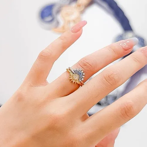 Vista 3 de Juego de anillos de luna y sol para mujeres y niñas, anillos de diamantes de imitación, anillos a juego de sol y luna para pareja, novio, novia
