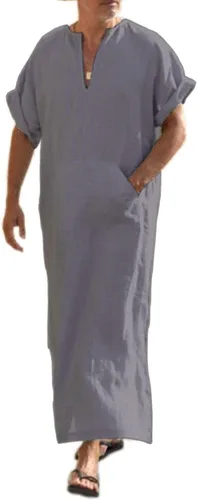 Vista 10 de COOFANDY - Bata de cuello en V de lino para hombre, manga corta, kaftán, thobe, túnica larga, camisa casual para playa, verano 01-Blanco