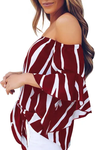 Vista 2 de Asvivid - Blusas veraniegas de hombros descubiertos, con mangas de 34 acampanadas, lazo decorativo y estampado floral, para mujer, camiseta