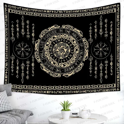Vista 13 de F-FUN SOUL Tapiz de los vikingos nórdicos, franela suave, 40 x 30 pulgadas, nudo triskele vikingo, runa celta, tapiz de mitología estética