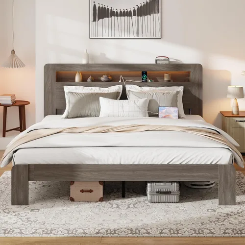 Vista 10 de Marco de cama matrimonial con almacenamiento de cabecero, marco de cama de plataforma de madera con estantería y estantes, estación de carga y luces