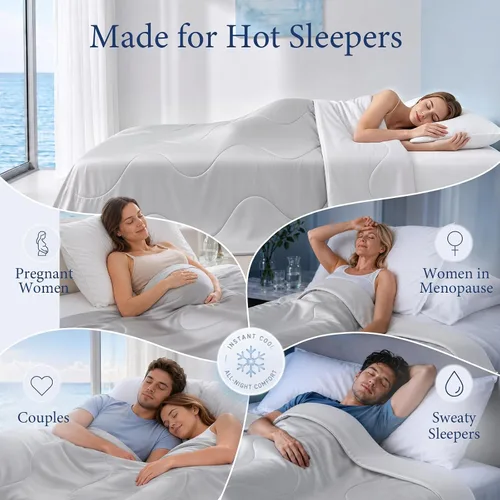 Vista 5 de Edredón frío para personas calurosas, sudores nocturnos, relleno, manta fría reversible, ligero y transpirable, verano, 68 x 90 pulgadas, blanco