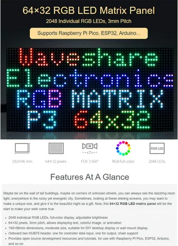 Vista 2 de Panel de matriz LED RGB 64 × 32, 2048 píxeles DOTS de 0.118 in de paso, compatible con Arduino/Raspberry Pi Pico/ESP32, permite mostrar texto