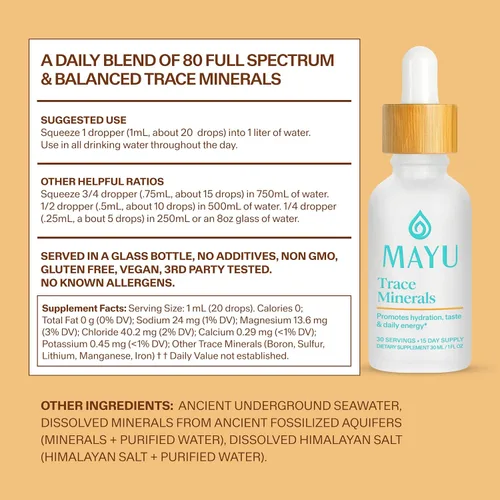 Vista 8 de MAYU Trace Mineral Drops - 3 botellas - 80+ minerales iónicos de espectro completo para agua - Suplemento mineral de gran sabor para hidratación