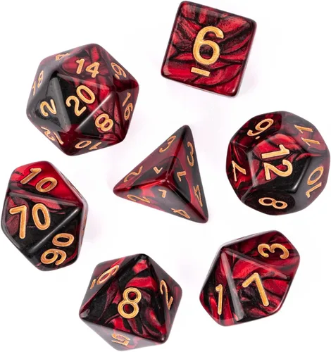 Vista 2 de Juego de dados de 7 dados poliédricos DND rojo mezclado con negro, dados D&D con bolsa de cuero para juegos de rol Mezcla roja negra
