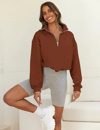 Vista 7 de MEROKEETY Sudadera corta con cremallera de un cuarto para mujer, manga larga, cuello alto, con cordón