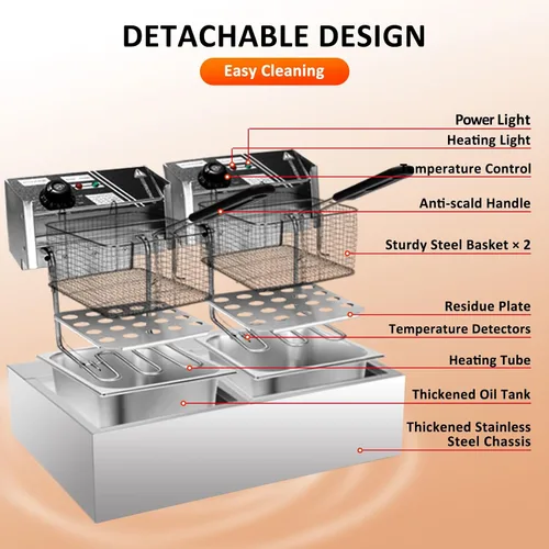 Vista 6 de Freidora comercial con canasta, 12.7QT/12L, desmontable de gran capacidad, de acero inoxidable, freidora de aceite eléctrica con control