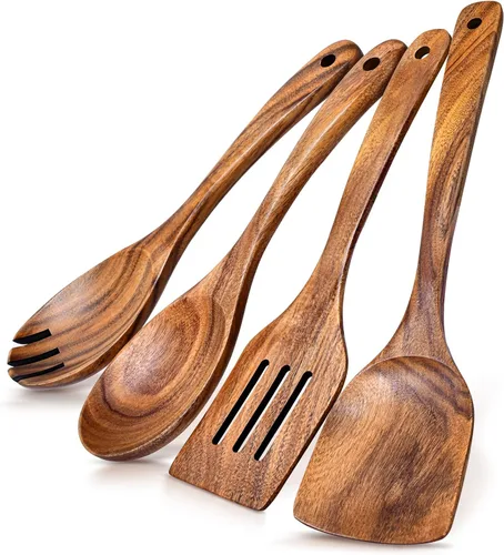 Vista 12 de Espátula de madera para cocinar, espátulas planas de madera de acacia, espátula con mango largo para sartenes antiadherentes, sin arañazos