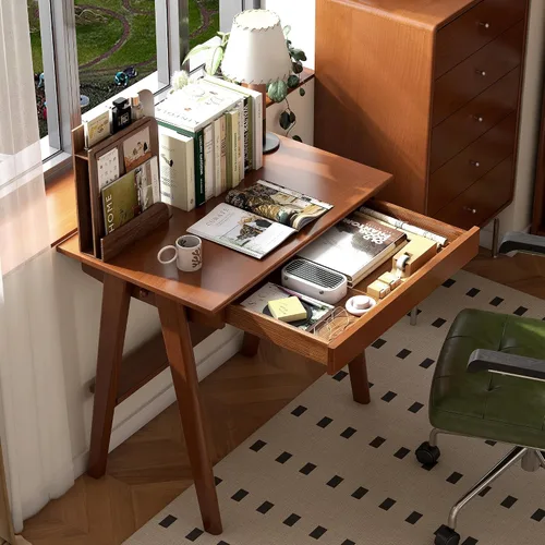 Vista 17 de Escritorio de madera maciza con acabado de nogal, escritorio pequeño para oficina en casa, escritorio de computadora para espacios pequeños