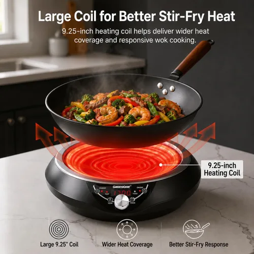 Vista 2 de Set de encimera de wok de inducción GastroGear, sartén eléctrica nueva y mejorada de 2025 con quemador de inducción, wok de acero al carbono, tapa