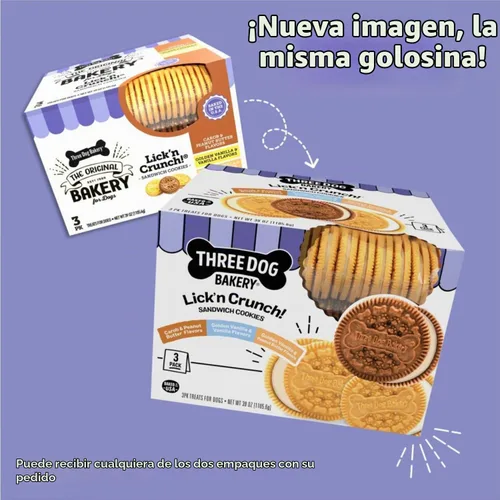 Vista 3 de Three Dog Bakery Lick'n Crunch Sandwich Cookies Premium, golosinas para perros sin sabores artificiales, algarrobo/mantequilla de maní