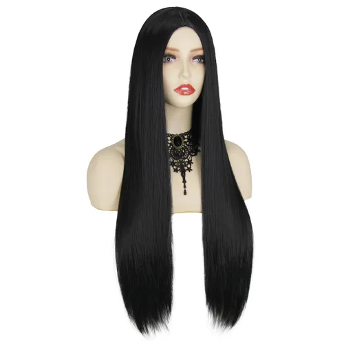 Vista 5 de CJK Peluca negra para Morticia Addams, peluca larga negra para disfraz de Morticia Addams, para mujer, con collar y aretes para Halloween, disfraz