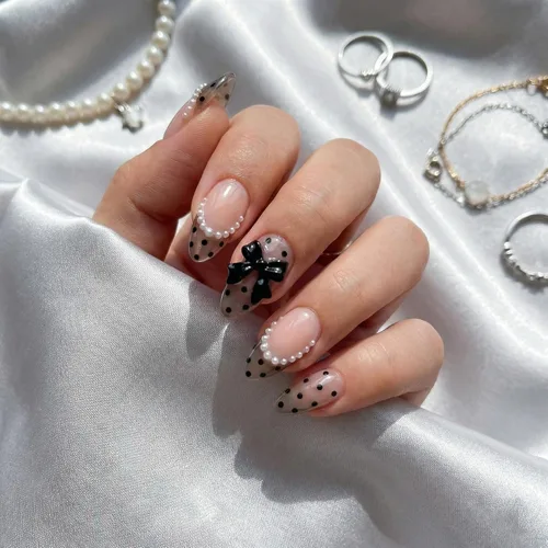 Vista 41 de Uñas postizas largas a presión, color negro, diseño francés y floral, 24