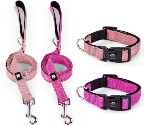 Vista 8 de IVY&LANE Juego de collar y correa reflectante para perro, collares de perro acolchados de neopreno ajustable para cachorros, collar de nailon