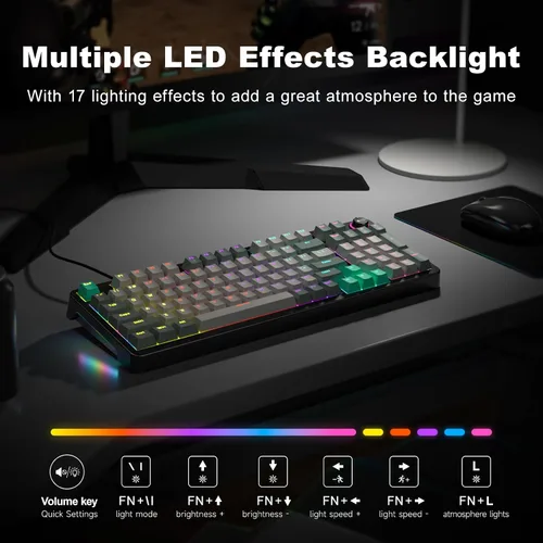 Vista 2 de MOFII AK96 - Teclado mecánico para juegos, teclas completas LED retroiluminadas programables, Plug and Play USB AC Teclado personalizado con botón