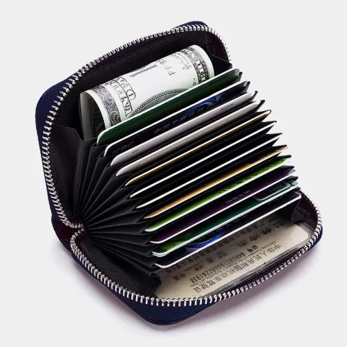 Vista 4 de Tarjetero RFID de cuero genuino para tarjetas de crédito con cremallera, Moderno