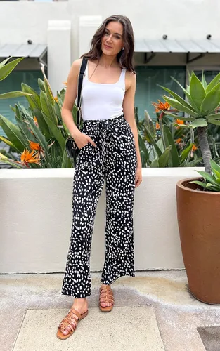 Vista 3 de ECOWISH - Pantalón para mujer, de algodón suave, estilo palazzo de pernera ancha con bolsillos, cintura alta, informal, holgado y con cinturón