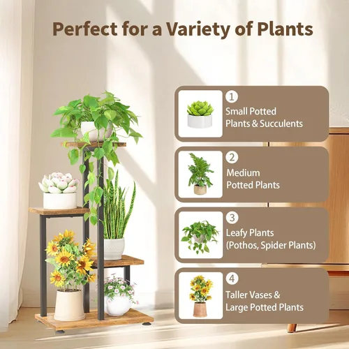 Vista 7 de LASZOLA Soporte de Madera de 4 Niveles en Negro para Plantas de Interior, Resistente y de Gran Capacidad, Estante de Flores Vertical de Múltiples
