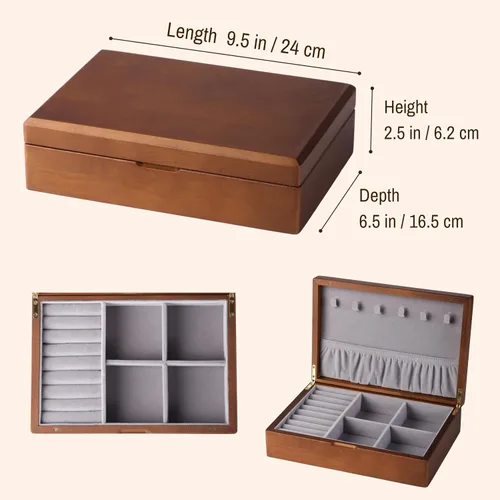 Vista 2 de EURIELK ek005-m-marrón - Joyero de madera maciza para mujer, tamaño mediano, organizador antiguo de madera maciza natural con gran almacenamiento