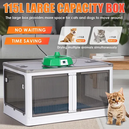 Vista 2 de Secador automático para gatos de 115 litros, caja secadora automática para gatos y perros pequeños, caja de secado de pelo plegable grande, secadora