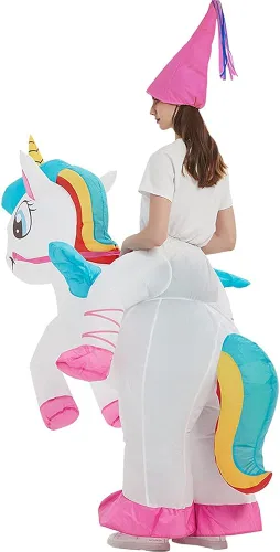 Vista 5 de One Casa Disfraz inflable de unicornio para montar en el aire de unicornio, divertido vestido de fiesta de Halloween para adultos