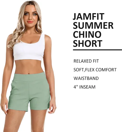 Vista 5 de JAMfit Pantalones cortos chinos para mujer, entrepierna de 4 pulgadas, cintura alta, elásticos, pantalones cortos casuales de verano con 2 bolsillos