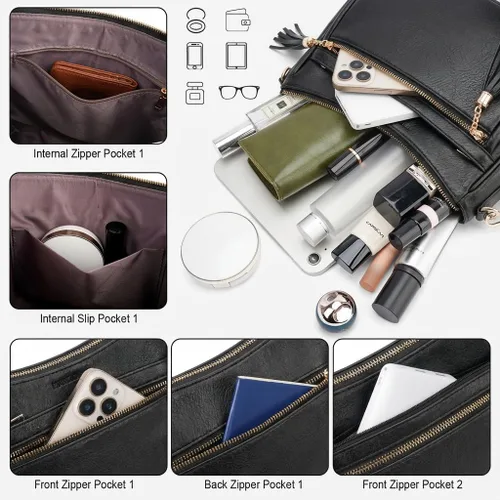 Vista 3 de Bolsos cruzados medianos para mujer, de cuero vegano, bolsos cruzados con múltiples bolsillos, bolsos de hombro con borla