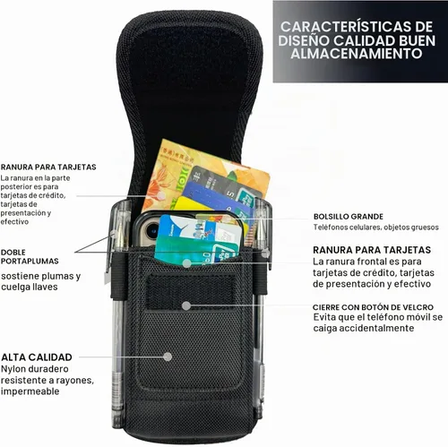 Vista 3 de Funda para teléfono, bolsa de nailon con clip para cinturón con cierre de , ranuras para tarjetas exteriores e interiores compatibles con iPhone 15