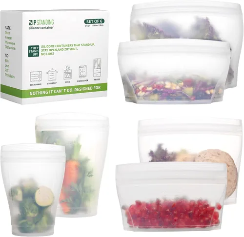 Vista 8 de Zip Standing Recipiente de alimentos reutilizable, bolsa de silicona, 6 contenedores con cremallera que se pueden utilizar para aperitivos de frutas