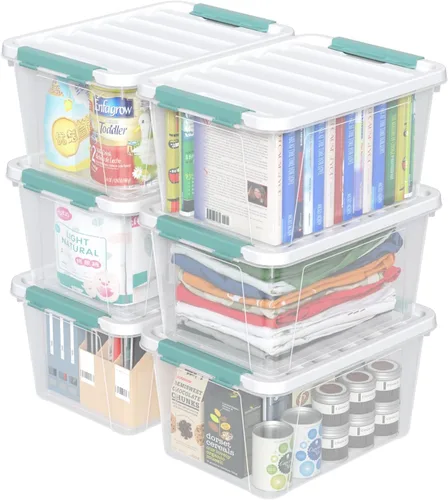 Vista 8 de Sandmovie Caja de plástico de 14 cuartos de galón con tapa, contenedor de almacenamiento transparente con asa, 6 paquetes