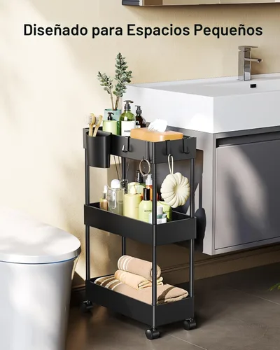 Vista 4 de Pipishell Carrito de almacenamiento delgado con ruedas, organizador de baño de 3 niveles y carrito de almacenamiento, carritos rodantes para baño