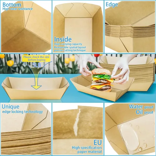Vista 3 de Paquete de 100 bandejas de papel extra grandes de 5 libras, botes de papel desechables, bandeja de papel kraft resistente para servir alimentos