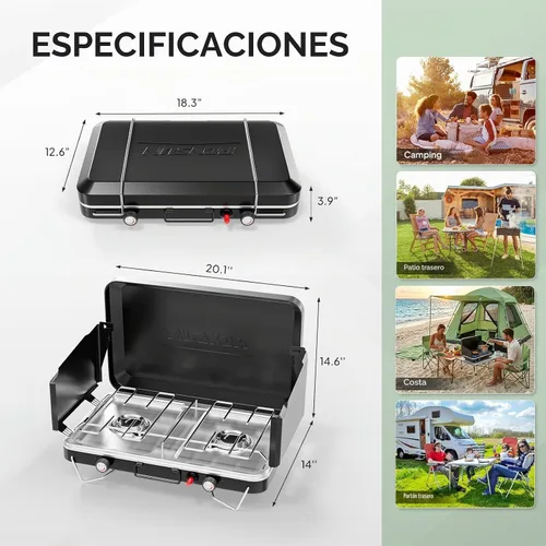 Vista 6 de ROVSUN Estufa de camping portátil de 2 quemadores con encendedor, estufa de campamento de propano de 20000 BTU con adaptador, mango integrado