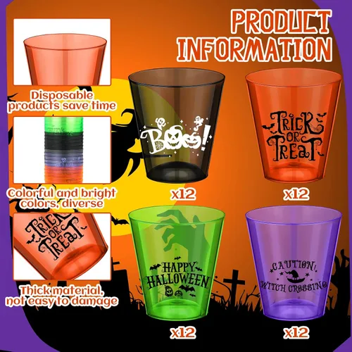 Vista 2 de Sunnyray 48 vasos de chupito de plástico para Halloween a granel de 2 onzas de plástico duro transparente, vasos desechables coloridos de sabor