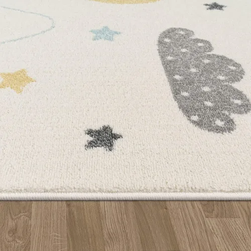 Vista 3 de Paco Home Alfombra infantil para guardería con montañas de colores pastel, estrellas de ensueño y luna en azul, tamaño: 2'8" x 4'11