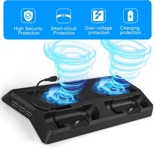 Vista 2 de KEKUCULL Estación de carga de controlador para PS4PS4 SlimPS4 Pro, soporte vertical PS4 con estación de carga de doble controlador, ventilador