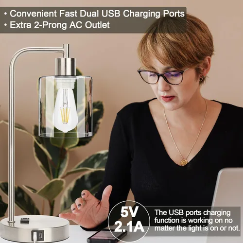 Vista 3 de Juego de 2 lámparas de mesa con control táctil industrial - Lámparas de mesita de noche en níquel cepillado con 2 puertos USB y enchufe de CA