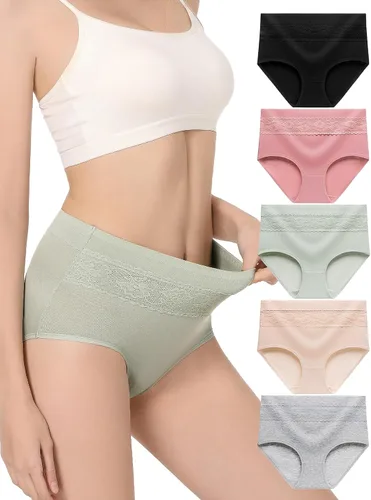 Vista 10 de HAVVIS Bragas Ropa Interior de Mujer de Algodón Cintura Alta Control Abdominal Panties Rosa Jacquard para Damas Multipack Calzoncillos 01 - Paquete