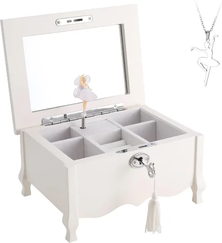 Vista 2 de Joyero musical de bailarina grande con patas blancas con espejo y cerradura para niñas, organizador de joyas para niños, caja musical