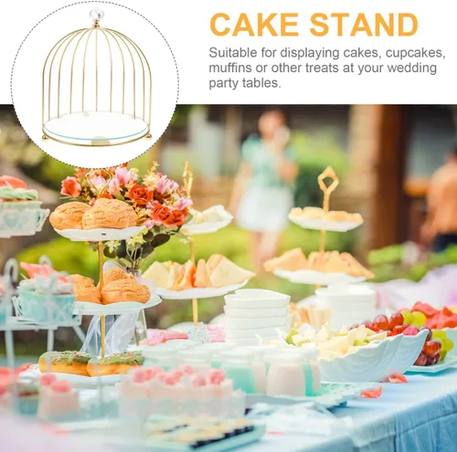 Vista 8 de BESTonZON Jaula de pájaros de metal dorado, soporte para cupcakes, postres para bodas, fiestas, cumpleaños, celebraciones de ducha, decoración