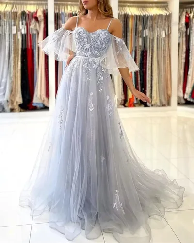 Vista 5 de hytio Vestido de noche formal con apliques de encaje para mujer, con hombros descubiertos, tul hasta el suelo, tirantes delgados, vestido de noche