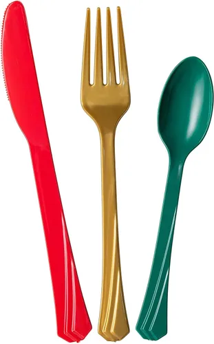 Vista 2 de Cubiertos de plástico pesados, cubiertos desechables rojo/verde/dorado, 240 piezas, 80 de cada tenedor, cuchillos, cucharas