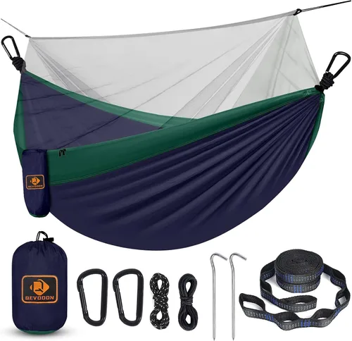 Vista 18 de Qevooon Hamaca de camping con red, hamacas ligeras portátiles de viaje con correas para árboles y mosquetones sólidos en forma de D, hamaca de Negro