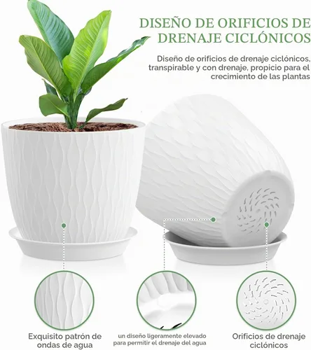 Vista 3 de WSMKSZ Macetas de 7 pulgadas, paquete de 5 macetas con agujeros de drenaje y platillos para plantas de interior, macetas de plástico con ondas