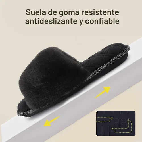 Vista 5 de LongBay Pantuflas mullidas para mujer, cómodas, de espuma viscoelástica, para el hogar, puntera abierta, para interiores y exteriores Negro