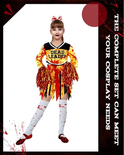 Vista 6 de Toulite Disfraz de animadora zombi de Halloween para niñas, disfraz de Halloween sin animadoras, calcetines, guantes, pompones, lazo, cosplay